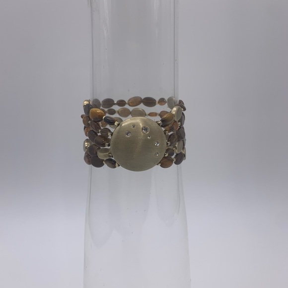 Vtg. MONET Tiger Eye & Gold Nugget Gemstone Stretch Bracelet With (Signed) Charm - Picture 1 of 8